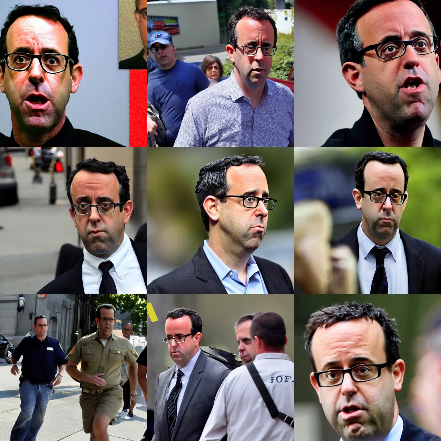 Prompt: jared fogle on the run from the fbi, cia, nsa, atf, blm and dea