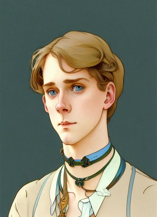 Image similar to art nouveau portrait of a pretty young man with short light brown straw blond hair, light blue eyes, sad expression, scared, head down, shy and demure, wearing a choker collar, natural lighting, path traced, highly detailed, high quality, cartoon, digital painting, by don bluth and ross tran and studio ghibli and alphonse mucha