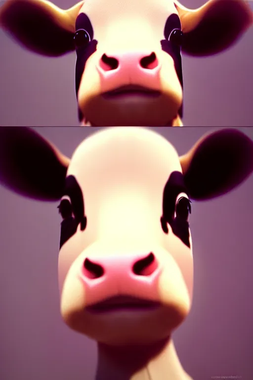 Image similar to very cute baby cow thinks about the cosmic multiverse, close up, high detailed face, by ilya kuvshinov, greg rutkowski and makoto shinkai, trending on artstation