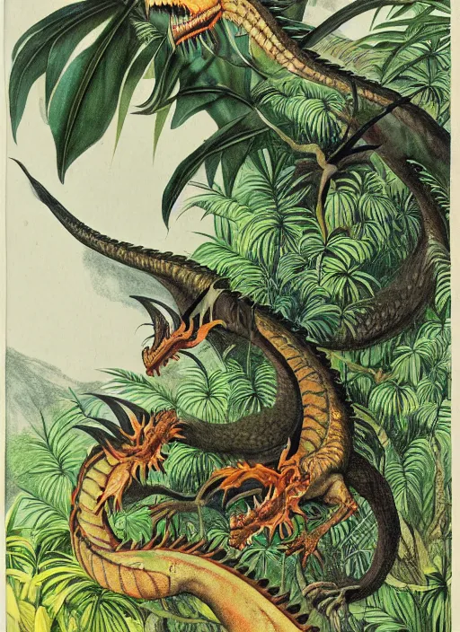 Prompt: dragons in a tropical forest, john james audubon, vintage botanical, intaglio