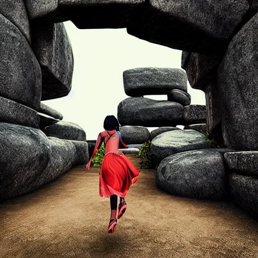 Image similar to “Indians jones as an anime girl running away from a rolling giant stone boulder trap inside an ancient stone temple, stunning digital art”