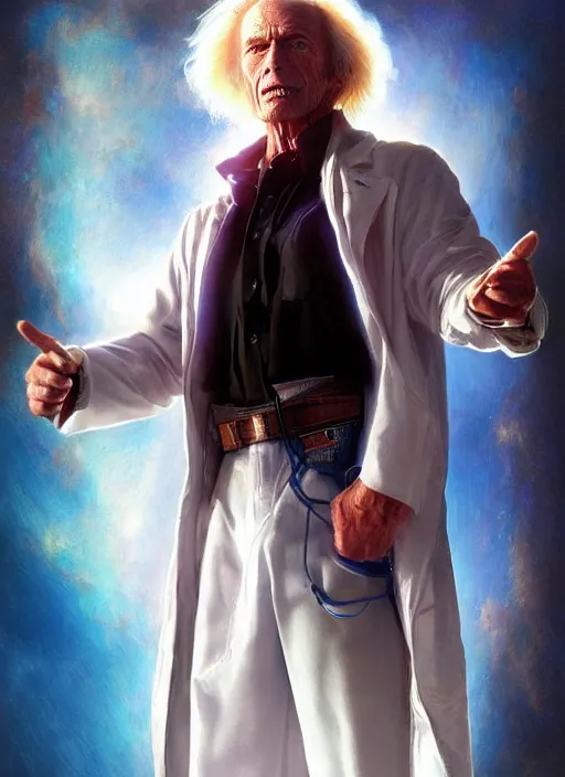 Prompt: formal portrait of clint eastwood as doc brown wearing white lab coat. digital art by eugene de blaas, ross tran, and nasreddine dinet, vibrant color scheme, intricately detailed, in the style of romanticism, cinematic, artstation, greg rutkowski