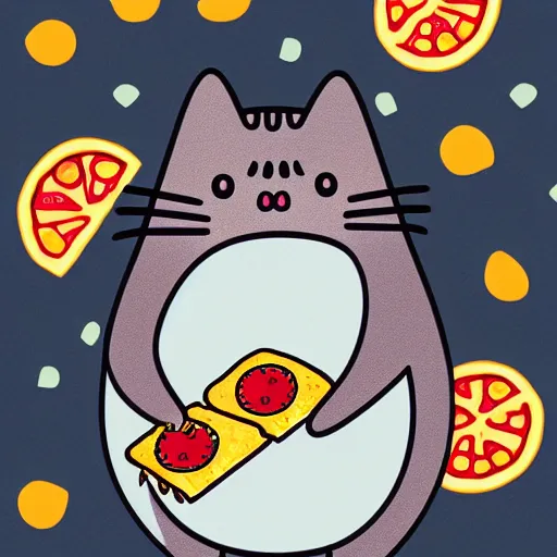 Prompt: a cartoon of pusheen the cat dressed up as a pizza, illustrated by claire belton and andrew duff