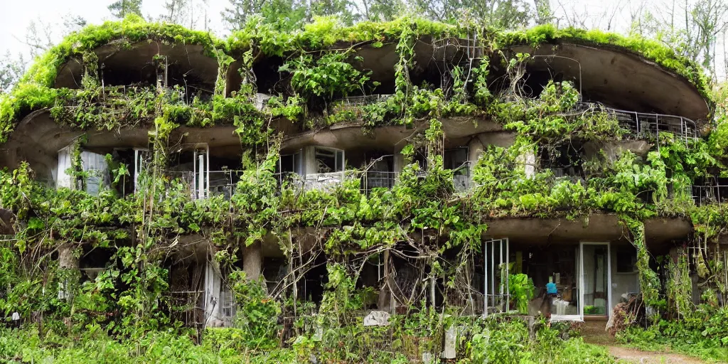 Prompt: multi story house made from enormous mushroom, vines, pacific northwest