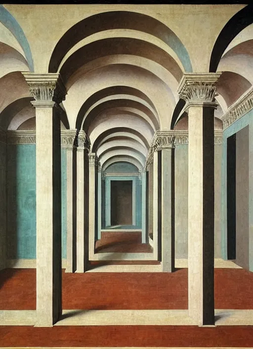 Image similar to renaissance sharp painting of a ethereal room with pastel colors room in central perspective, checkered floor and bright colors in the style of piero della francesca