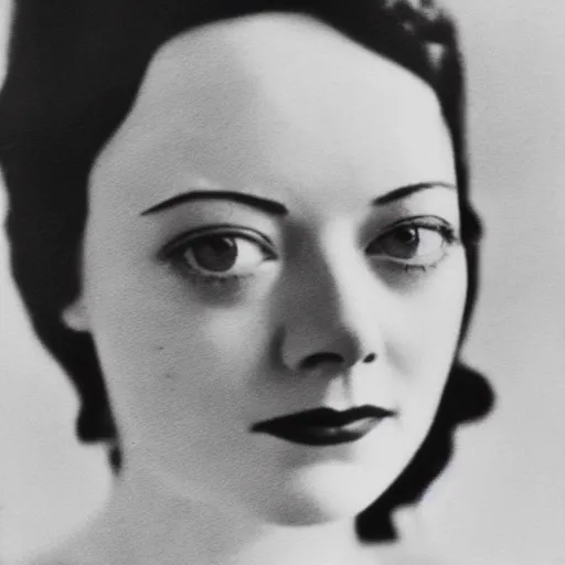 Image similar to headshot photograph of emma stone, edwardian, 1 9 2 0 s film actress, realistic face, ethereal, 1 9 1 0 s, grainy, victorian, soft blur