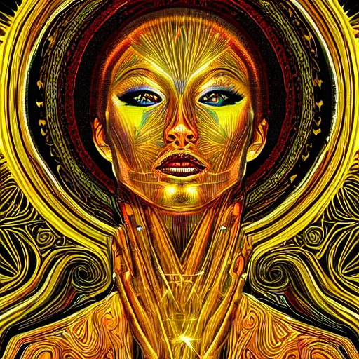 Prompt: cinematic photo of golden godess portrait in the style of Alex grey and davinci