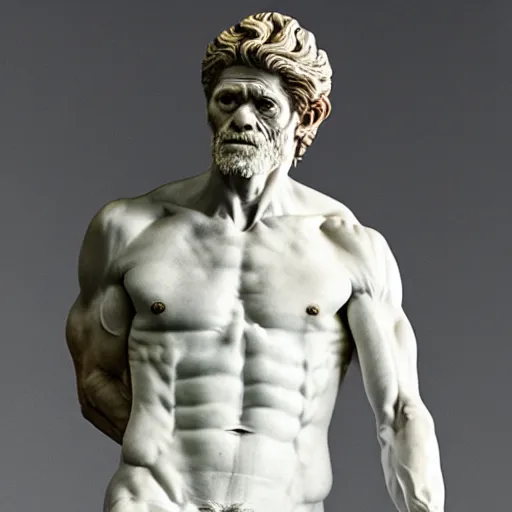 Prompt: Marble statue of Willem Dafoe as God, by Michaelangelo, soft lighting, hyper detailed, 8k