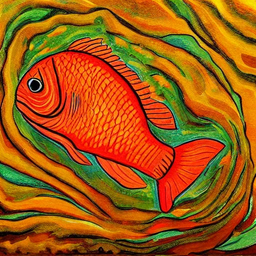 Image similar to very high detailed painting of a small orange fish swimming in a bubble