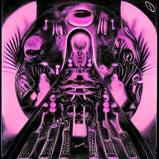 Image similar to post - punk new age album cover, magic, apocalypse, psychedelic, black white pink, magic, giger h. r.