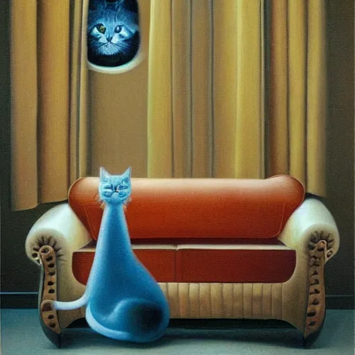 Prompt: cat sitting on sofa in surrealism art style