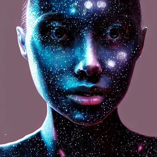 Image similar to woman portrait made out of galaxies, beautiful, cyborg, comic book art, realistic, highly detailed, octane render