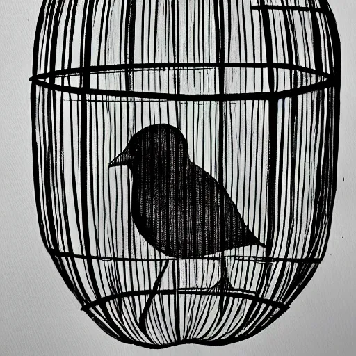 Image similar to a painting of a bird in a cage, black and white
