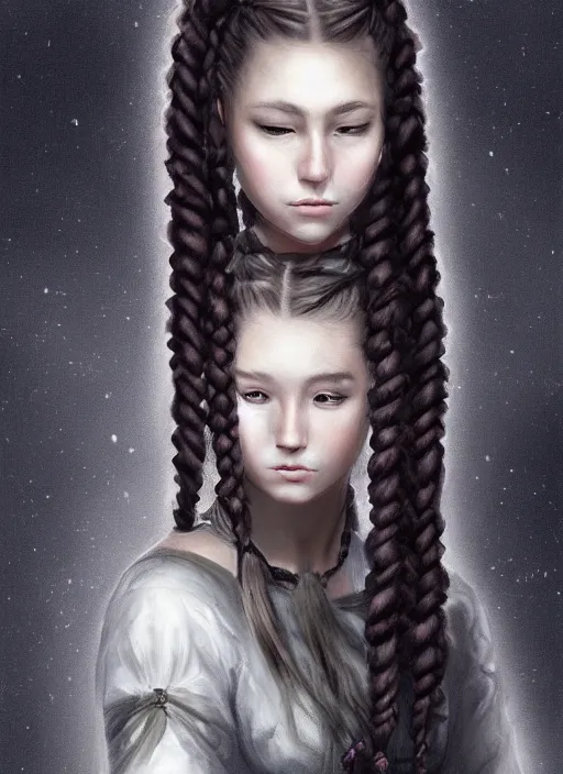 Prompt: a beautiful, smooth digital painting of a daughter of the moon clan, with long, black, braided hair. nightime, low light, dark forest. strong, dabbled light falls on her face. highly detailed, sharpness. victorian dress. hyper realistic. trending on artstation.