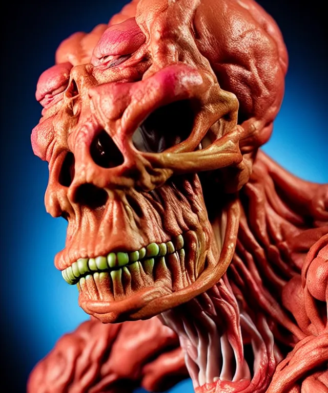 Image similar to hyperrealistic rendering, cronenberg flesh monster skeletor by art of skinner and richard corben and jeff easley, product photography, action figure, sofubi, studio lighting, colored gels