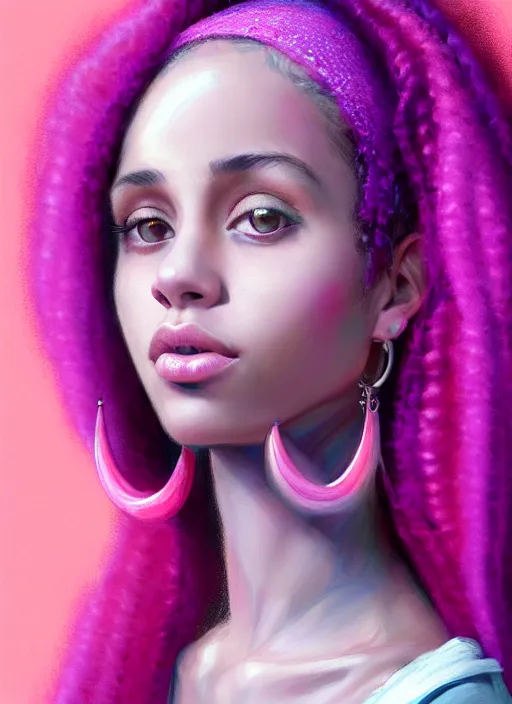 Image similar to portrait of teenage vanessa morgan with bright pink hair, black girl, curly pixie cut hair, wearing a purple breton cap, breton cap, hoop earrings, intricate, elegant, glowing lights, highly detailed, digital painting, artstation, concept art, smooth, sharp focus, illustration, art by wlop, mars ravelo and greg rutkowski