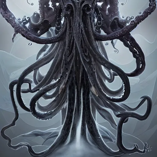 Image similar to concept designs for an end game boss that is an ethereal obsidian ghostly wraith like figure with a squid like parasite latched onto its head and long tentacle arms that flow lazily but gracefully at its sides like a cloak and chains rattling at its sides while it floats around a frozen rocky tundra in the snow searching for lost souls and that hides amongst the shadows in the trees, this character has hydrokinesis and electrokinesis for silent hill video game and inspired by the resident evil game franchise