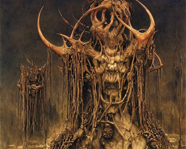 Image similar to Ancient cultic ritual totem made of horns and thorns by Beksinski, Arthur Rackham, Eugene de Blaas, Dariusz Zawadzki, Wayne Barlowe