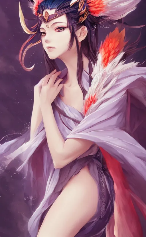 Image similar to A beautiful anime-style digital concept portrait of a beautiful young sorceress with fox ears and nine fox tails wearing a kimono, by Stanley Artgerm Lau, WLOP, Rossdraws, LeraPi, and Sakimichan, trending on ArtStation