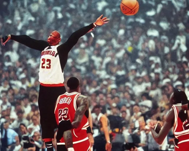 Prompt: dennis rodman t-posing in the air like jordan. he is flying over the city like a delicate little dove. he looks at the camera with intent to kill the viewer