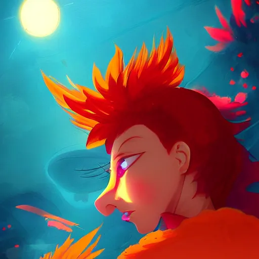 Image similar to anime painting frantic cute fiery bird zipping around, wanting to explore and investigate everything. it\'s curiosity is unbounded and insatiable, digital art, trending on artstation, stylized, colorful feathers, anime art by Kuvshinov Ilya, lariennechan, Aokamei