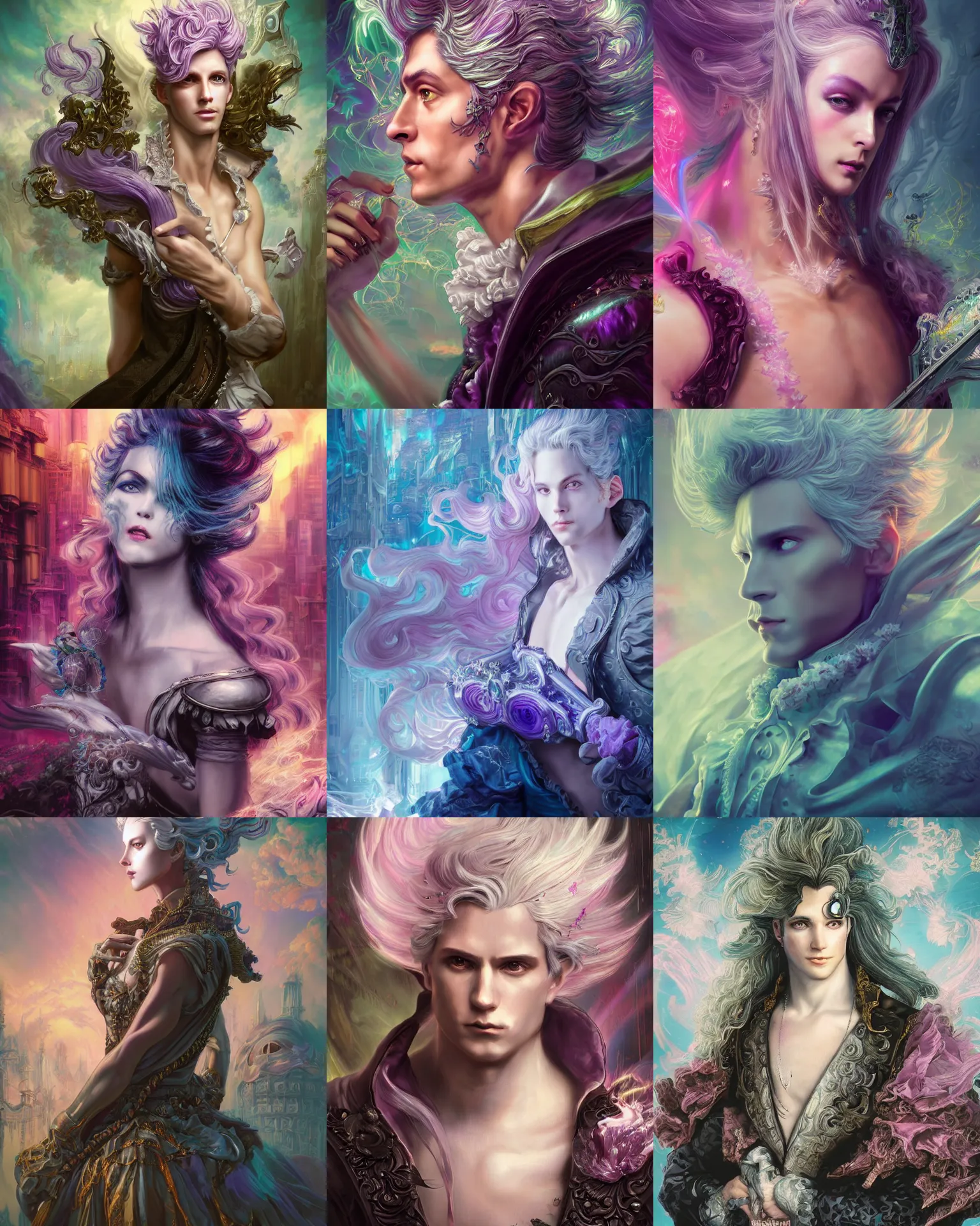 Prompt: Beautiful rococo victorian prince modeled after Slaanesh and Sephiroth, cyberpunk vaporwave glitchwave art, 4k digital illustration by artgerm, wlop, Andrei Riabovitchev, Marc Simonetti, yoshitaka Amano, Ross Tran, middle close up composition, artstation, 8k resolution, soft focus, HDR