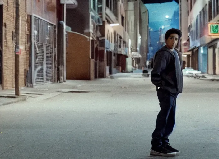 Prompt: First Official image from Cardboard, new drama film directed by Spike Jonze starring Tony Revolori as a Philadelphia b-boy in 1990 in the streets at night, shot on Kodak Vision 200T, stunning cinematography, light diffusion, film grain, 8k print, anamorphic lens.