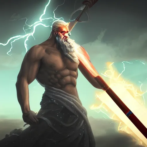 Image similar to Digital painting of Zeus with a lightning sword, hyperdetailed, artstation, terrifying, cinematic lighting, 8k