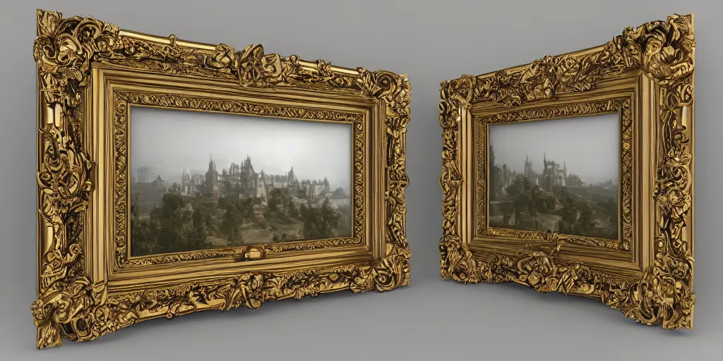 Prompt: 3 d octane render ultra photorealistic hyper detailed front view of a baroque picture frame