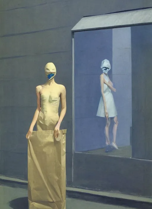 Image similar to woman in a translucent clothing made from plastic bag with paper bags for clothes standing inside paper bags with paper bag over the head at store display Edward Hopper and James Gilleard, Zdzislaw Beksinski, highly detailed