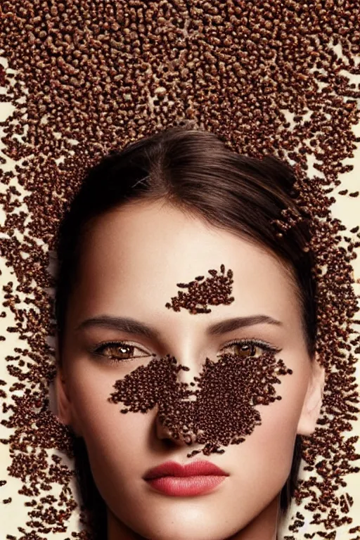 Image similar to a photo of a pretty woman with many ants on her face. movie poster. detailed. artistic. pretty