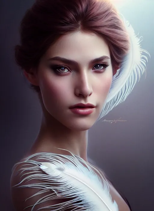 Image similar to a gorgeous female photo, professionally retouched, soft lighting, wearing a feather dress, realistic, smooth face, perfect eyes, wide angle, sharp focus on eyes, 8 k high definition, insanely detailed, intricate, elegant, art by artgerm and greg rutkowski and tom bagshaw