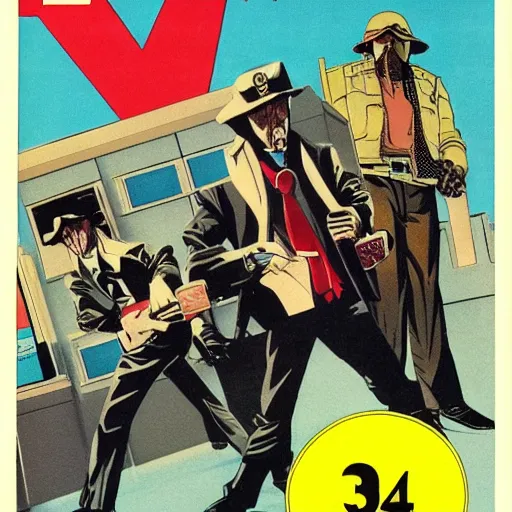 Image similar to 1979 OMNI Magazine Cover bank robbers, Bank Robbery Movie, Anime, Highly Detailed, Inspired by Golgo 13 + Lupin the 3rd , 8k :4 by Vincent Di Fate : 8