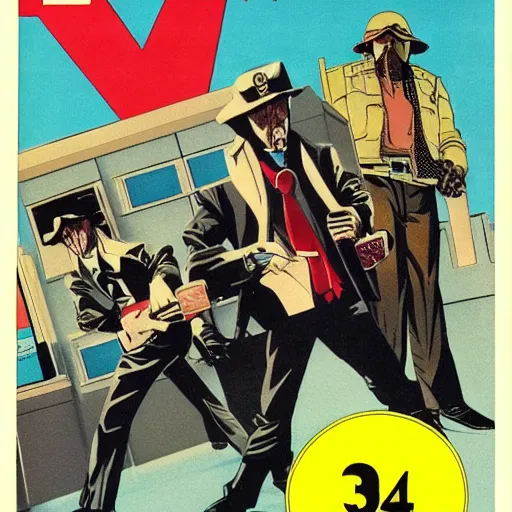 Prompt: 1979 OMNI Magazine Cover bank robbers, Bank Robbery Movie, Anime, Highly Detailed, Inspired by Golgo 13 + Lupin the 3rd , 8k :4 by Vincent Di Fate : 8