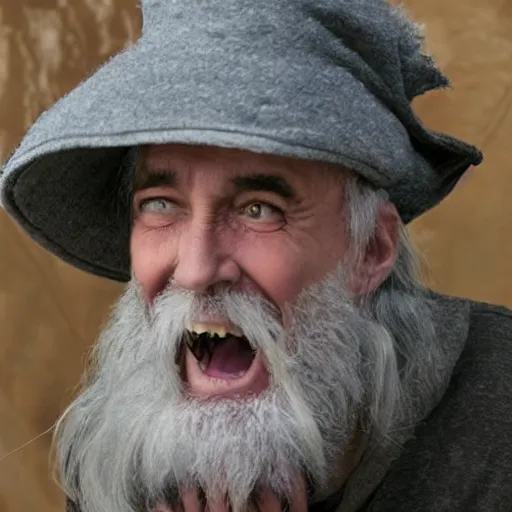Image similar to an old bald mad wizard with bushy grey eyebrows, long grey hair and wearing a grey wizard hat, disheveled, wise old man, wearing a purple detailed coat, a bushy grey beard, sorcerer, he is yelling and laughing