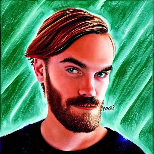 Prompt: PewDiePie with a square head, painted by Gilbert Williams