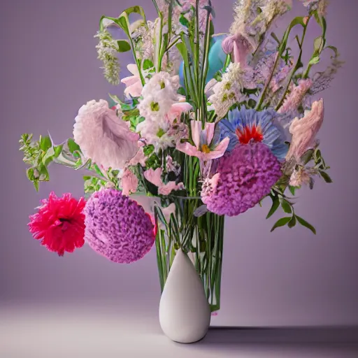 Image similar to a white ceramic vase, with colorfull tall flowers, pastel colors, pink, blue, studio photo, photorealism, symmetry.