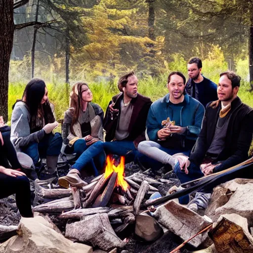 Prompt: vox machina sitting around a camp fire