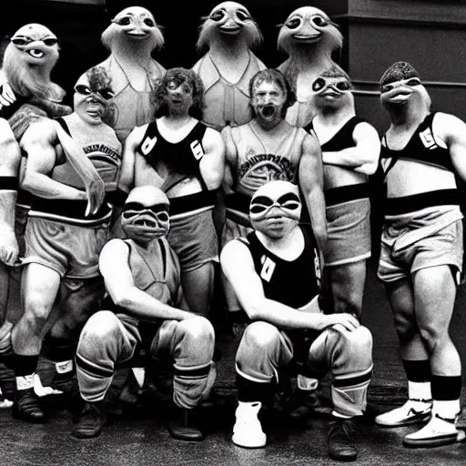 Prompt: a basketball team of einstein lookalikes dressed as the teenage mutant ninja turtles posing for a team photo in 1976