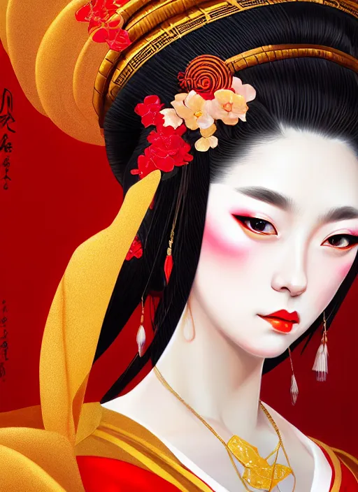 Image similar to dreamlike luxury stunning oiran portrait, red and gold kimono, art by artgerm, wlop, loish, ilya kuvshinov, 8 k realistic, hyperdetailed, beautiful lighting, detailed background, depth of field, symmetrical face, frostbite 3 engine, cryengine,