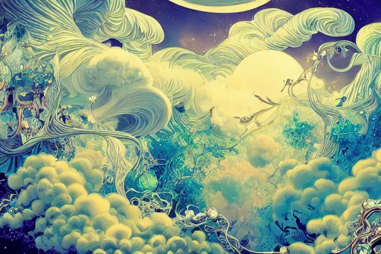 Image similar to a huge flock of many smooth puffy filigreed clouds tangled into whirling ultra detailed crystal specimens, art nouveau jungle environment, playful, award winning art, epic dreamlike fantasy landscape, ultra realistic,