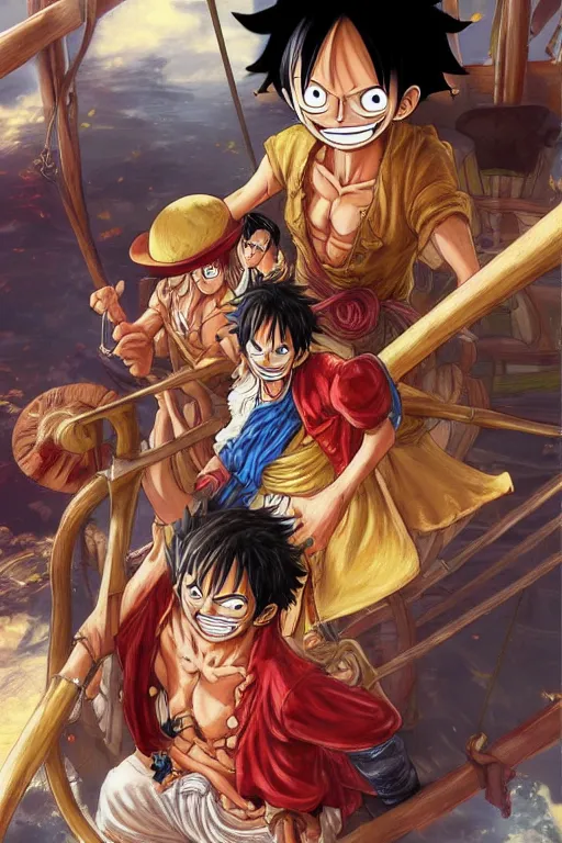 Prompt: Luffy from One Piece with friends on a pirate ship, highly detailed, digital painting, artstation, concept art, sharp focus, illustration, art by artgerm and greg rutkowski and alphonse mucha