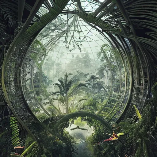 Image similar to epic, ultra detailed, hyper - real alien jungle by greg rutkowski inside a giant fractal dome by zaha hadid