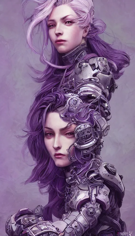 Image similar to portrait of a pale woman in power armor with flowing purple hair, elegant, stoic, intense, ultrafine hyperdetailed illustration by kim jung gi, irakli nadar, intricate linework, sharp focus, bright colors, octopath traveler, final fantasy, hearthstone, highly rendered, global illumination, radiant light, detailed, intricate environment