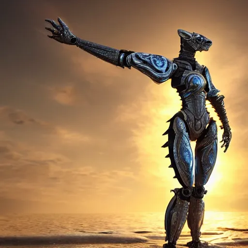 Image similar to a highly detailed beautiful majestic anthropomorphic robot female dragon, with smooth and streamlined mechanical armor, standing and posing elegantly on a beach, well detailed head with LED eyes, with sharp claws on her hands and feet, two arms, two legs, long tail, artstation, DeviantArt, professional, octane render, sunset lighting