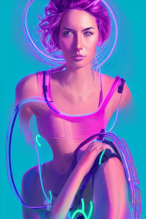 Image similar to a award winning half body portrait of a beautiful woman in a croptop and cargo pants with ombre purple pink teal hairstyle and hands in pockets by ari liloan, surrounded by whirling illuminated lines, outrun, vaporware, shaded flat illustration, digital art, trending on artstation, highly detailed, fine detail, intricate