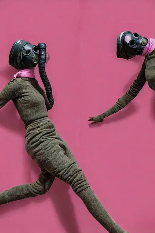 Image similar to a surreal portrait of intertwined and contorted figures wearing gas mask next to a pink wall in the style of brooke didonato, editorial fashion photography from vogue magazine, full shot, nikon d 8 1 0, ƒ / 2. 5, focal length : 8 5. 0 mm, exposure time : 1 / 8 0 0, iso : 2 0 0