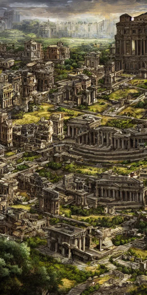 Prompt: sprawling roman city built at the base of a collosal tree, wide shot, digital art, detailed, fantasy