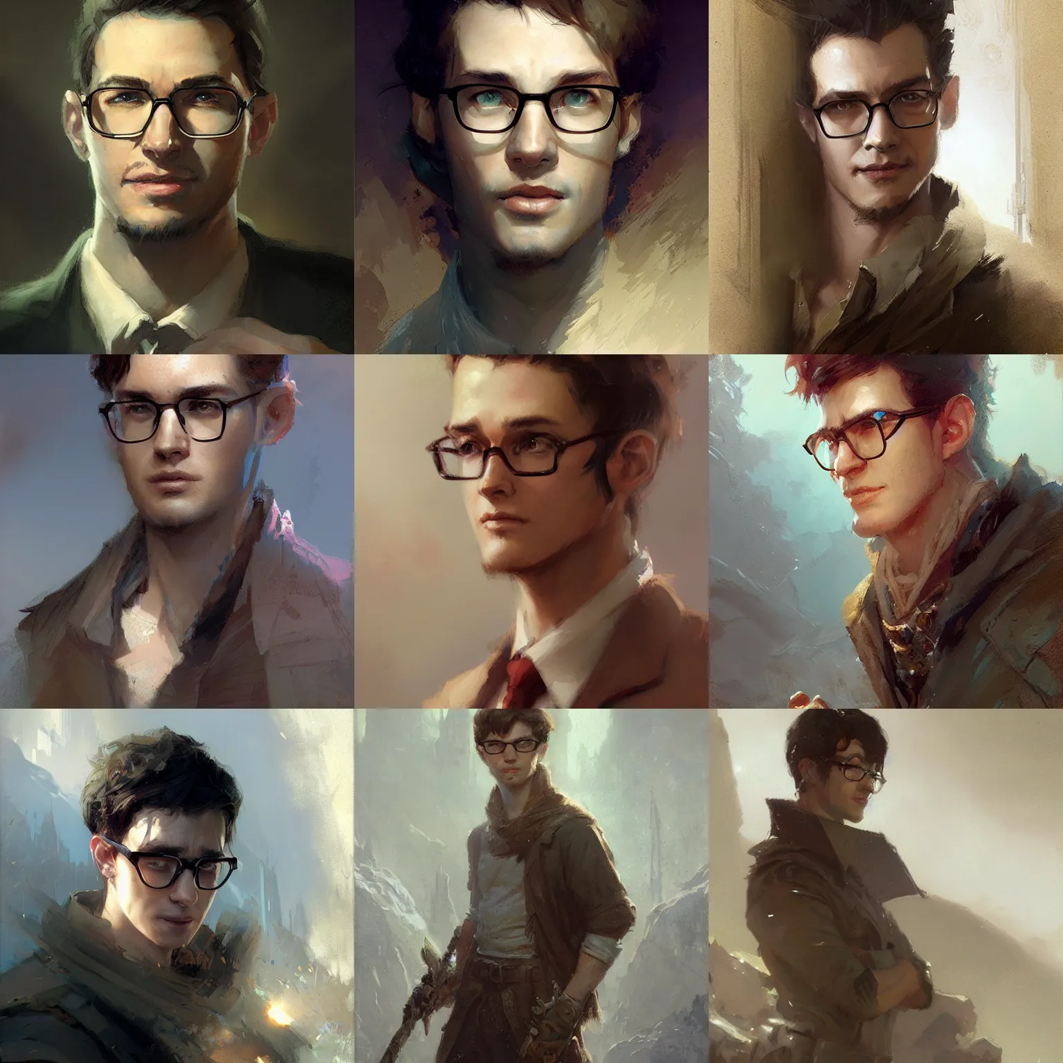 Prompt: a young man with glasses, fantasy character portrait by Greg Rutkowski, Craig Mullins, Gaston Bussiere