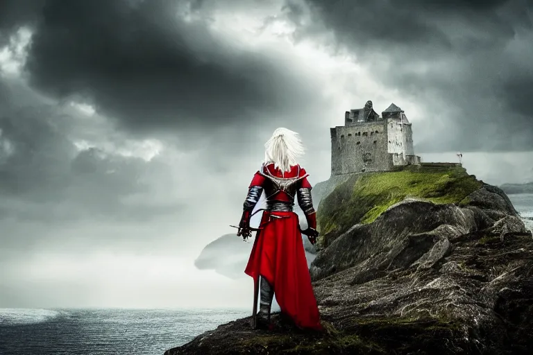 Prompt: frame from a fantasy film with a female knight with white hair wearing red metal knight's armor, standing on a castle wall in the rain holding a sword, looking out at a stormy sea and distant sailing ships. Cinematic, dark, dramatic, scary. 4k